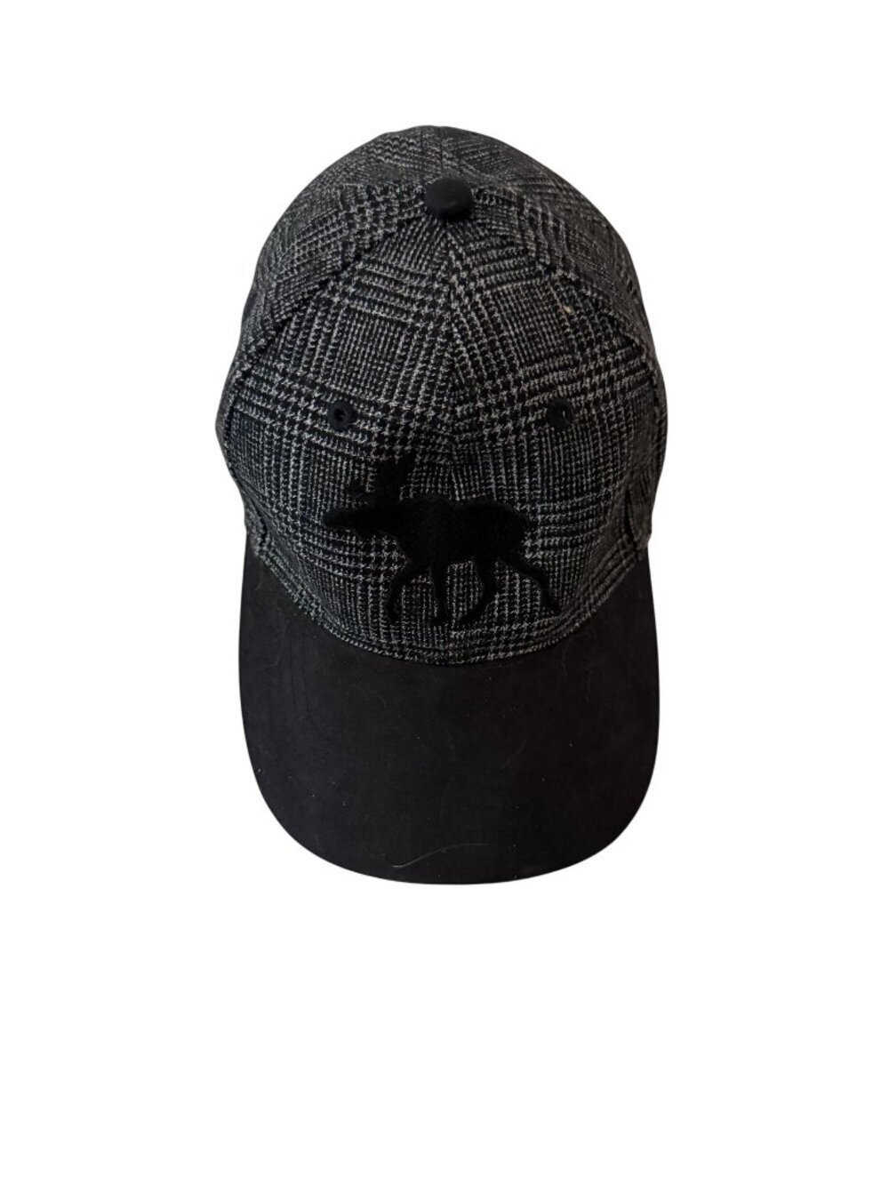 Plaid Black & White Baseball Cap With Moose Embroidery Adjustable Strap One Size